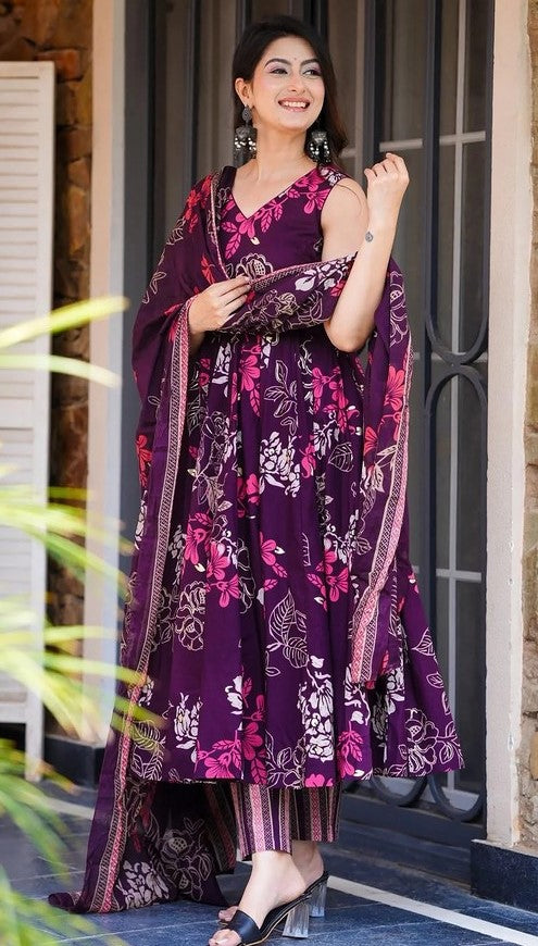 Amazing Voilet Color Muslin Fabric Designer Suit