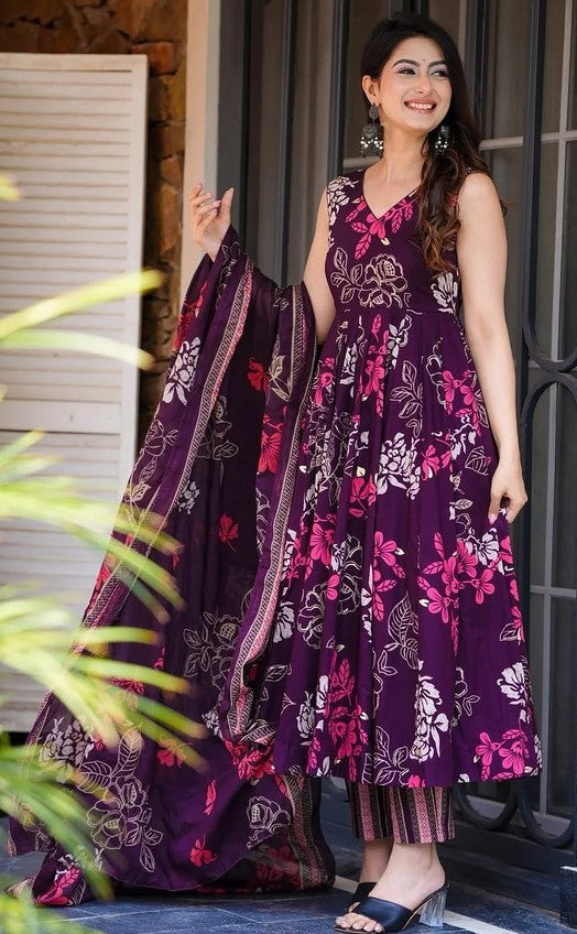 Amazing Voilet Color Muslin Fabric Designer Suit