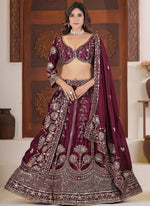 Beautiful Wine Color Chinon Fabric Party Wear Lehenga