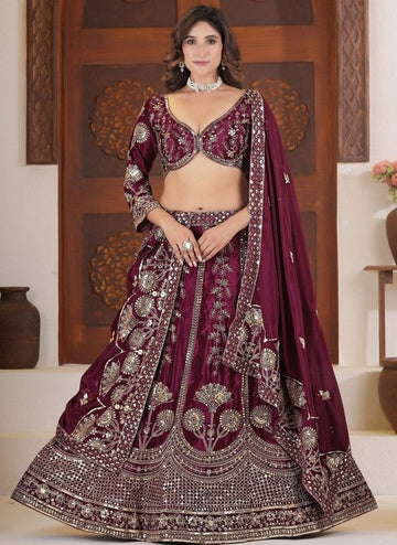Beautiful Wine Color Chinon Fabric Party Wear Lehenga