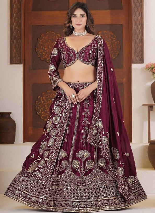 Beautiful Wine Color Chinon Fabric Party Wear Lehenga
