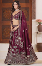 Beautiful Wine Color Chinon Fabric Party Wear Lehenga