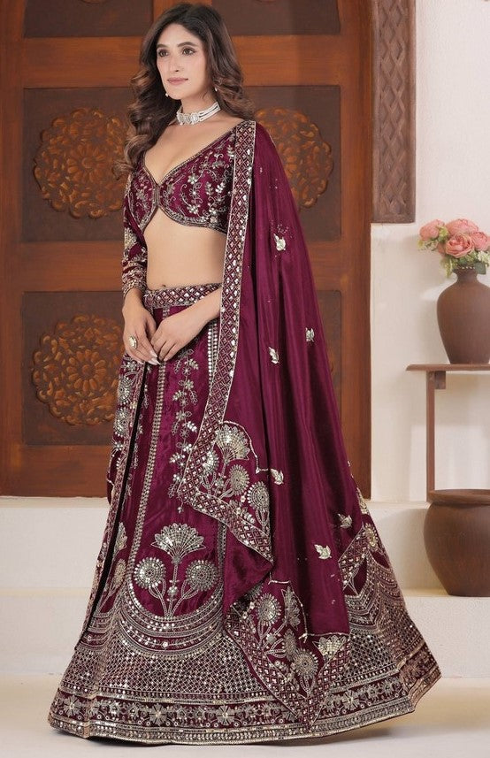 Beautiful Wine Color Chinon Fabric Party Wear Lehenga