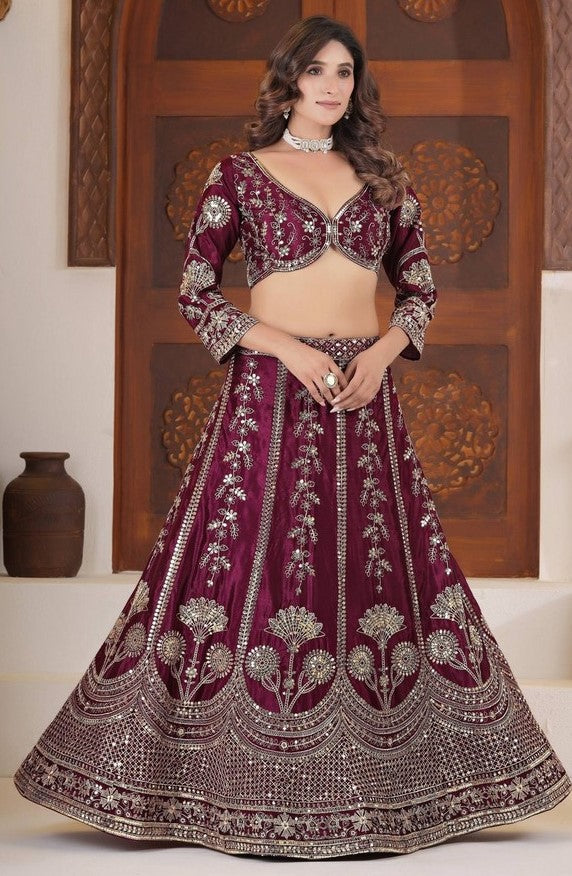 Beautiful Wine Color Chinon Fabric Party Wear Lehenga