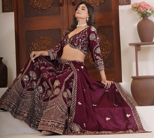 Beautiful Wine Color Chinon Fabric Party Wear Lehenga