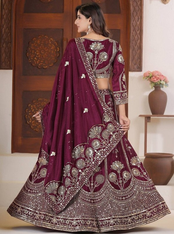 Beautiful Wine Color Chinon Fabric Party Wear Lehenga