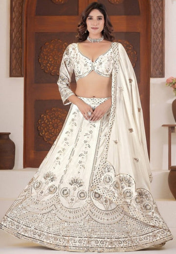 Beautiful White Color Chinon Fabric Party Wear Lehenga
