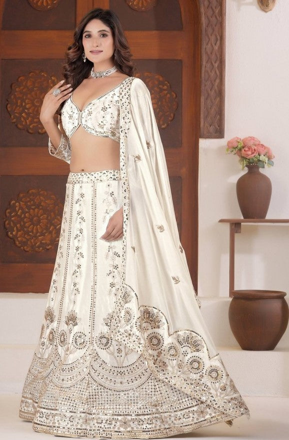 Beautiful White Color Chinon Fabric Party Wear Lehenga