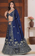 Beautiful Navy Blue Color Chinon Fabric Party Wear Lehenga