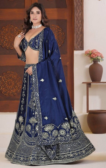Beautiful Navy Blue Color Chinon Fabric Party Wear Lehenga