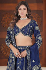 Beautiful Navy Blue Color Chinon Fabric Party Wear Lehenga