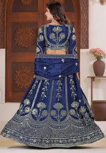 Beautiful Navy Blue Color Chinon Fabric Party Wear Lehenga