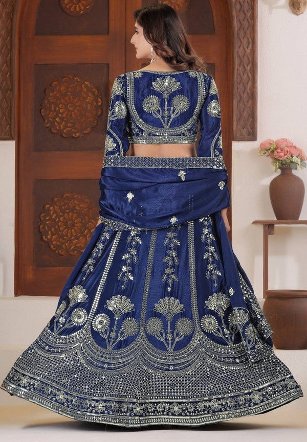 Beautiful Navy Blue Color Chinon Fabric Party Wear Lehenga