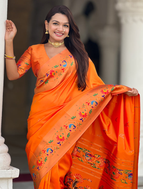 Beautiful Orange Color Silk Fabric Partywear Saree