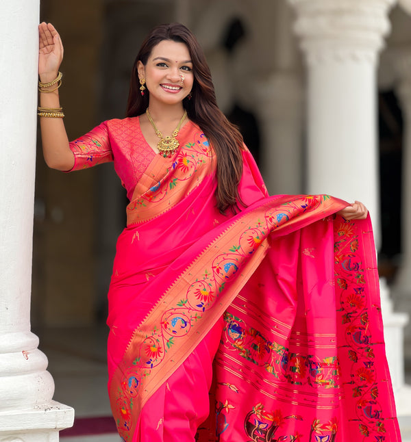 Beautiful Pink Color Silk Fabric Partywear Saree