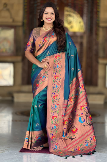Beautiful Teal Color Silk Fabric Partywear Saree