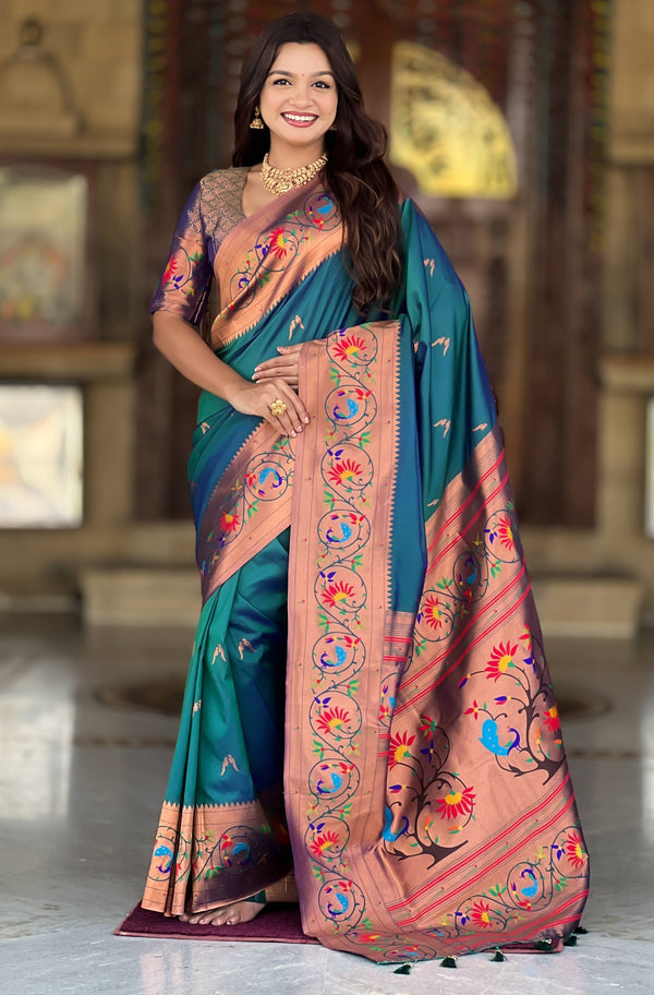 Beautiful Teal Color Silk Fabric Partywear Saree