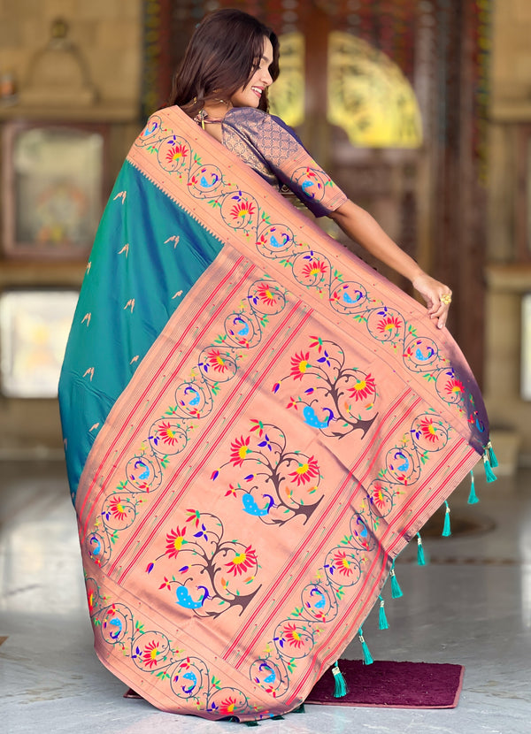 Beautiful Teal Color Silk Fabric Partywear Saree