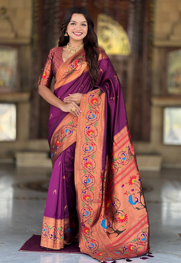Beautiful Wine Color Silk Fabric Partywear Saree