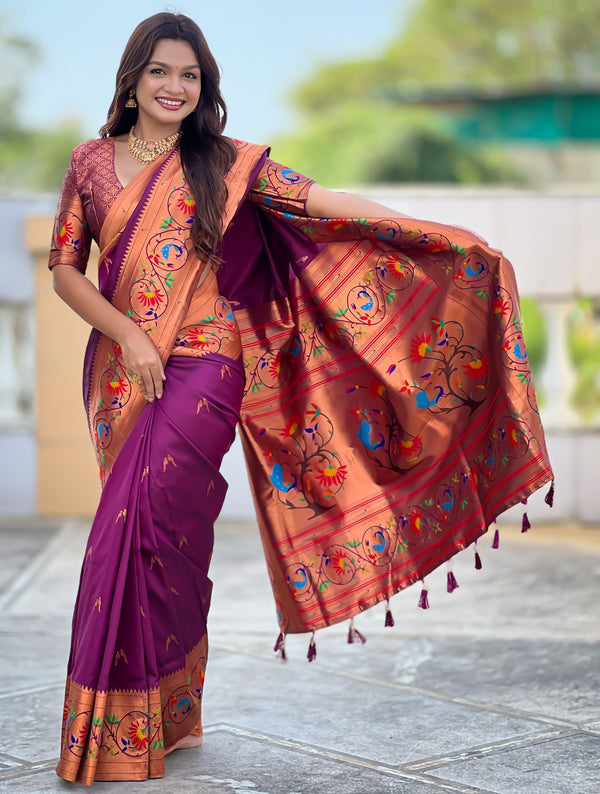 Beautiful Wine Color Silk Fabric Partywear Saree