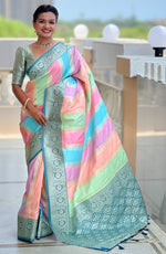 Beautiful Turquoise Color Silk Fabric Partywear Saree
