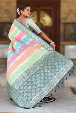 Beautiful Turquoise Color Silk Fabric Partywear Saree