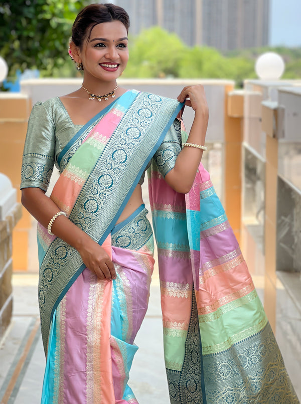 Beautiful Turquoise Color Silk Fabric Partywear Saree
