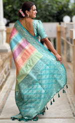 Beautiful Teal Color Silk Fabric Partywear Saree