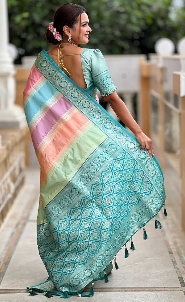Beautiful Teal Color Silk Fabric Partywear Saree
