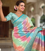 Beautiful Teal Color Silk Fabric Partywear Saree