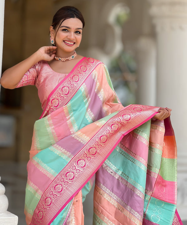 Beautiful Pink Color Silk Fabric Partywear Saree
