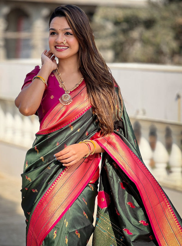 Amazing Green Color Silk Fabric Partywear Saree