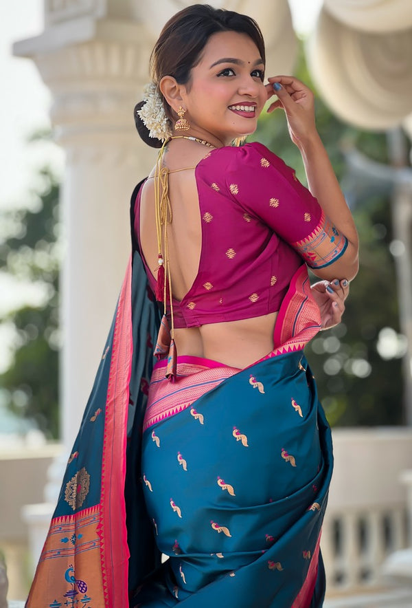 Amazing Turquoise Color Silk Fabric Partywear Saree