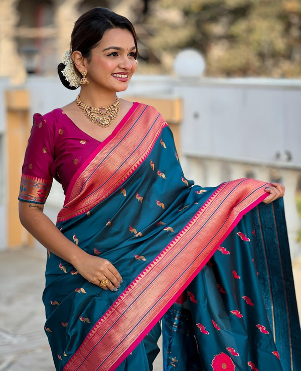 Amazing Turquoise Color Silk Fabric Partywear Saree