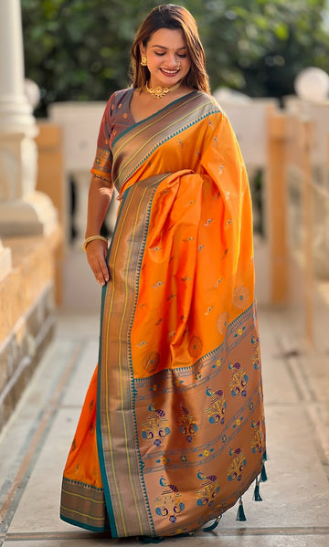 Amazing Mustard Color Silk Fabric Partywear Saree