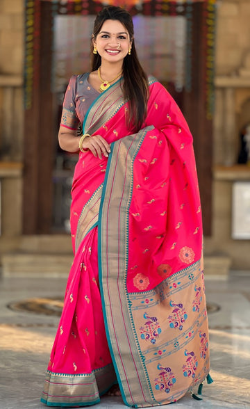Amazing Pink Color Silk Fabric Partywear Saree
