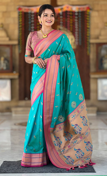 Amazing Turquoise Color Silk Fabric Partywear Saree