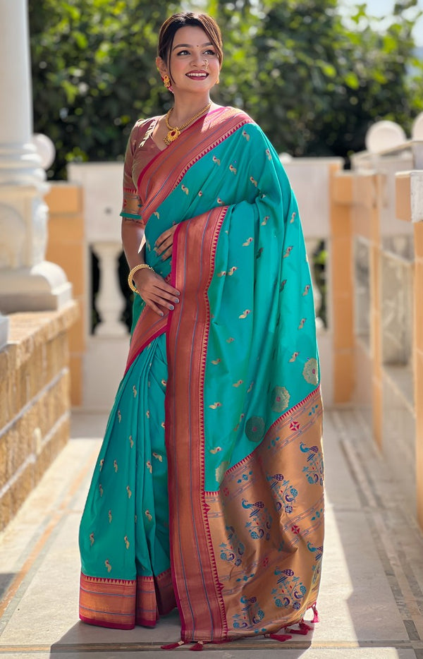 Amazing Turquoise Color Silk Fabric Partywear Saree