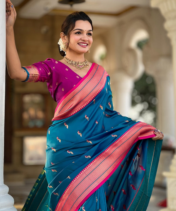 Amazing Teal Color Silk Fabric Partywear Saree
