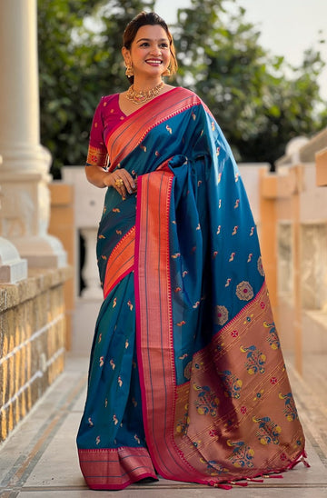 Amazing Teal Color Silk Fabric Partywear Saree