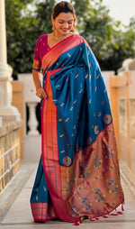 Amazing Teal Color Silk Fabric Partywear Saree