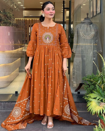 Gorgeous Orange Color Cotton Fabric Designer Suit