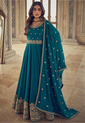 Striking Teal Color Chinon Fabric Gown