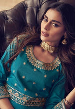 Striking Teal Color Chinon Fabric Gown