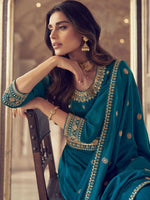 Striking Teal Color Chinon Fabric Gown