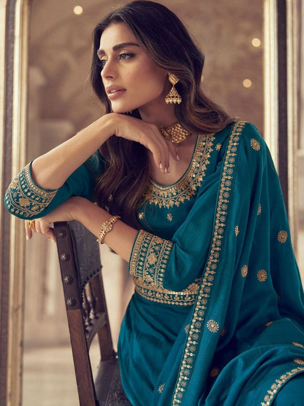 Striking Teal Color Chinon Fabric Gown