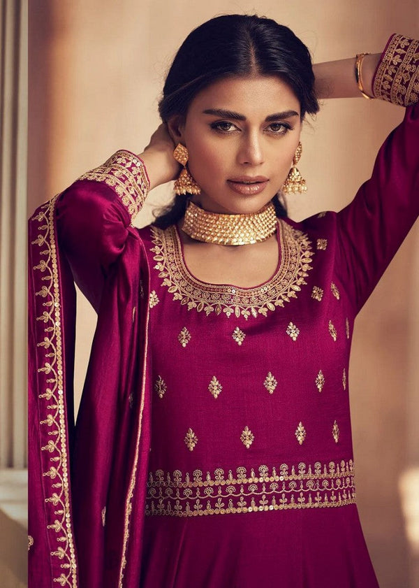 Striking Maroon Color Chinon Fabric Gown