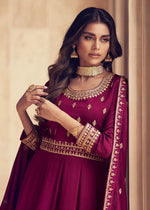 Striking Maroon Color Chinon Fabric Gown