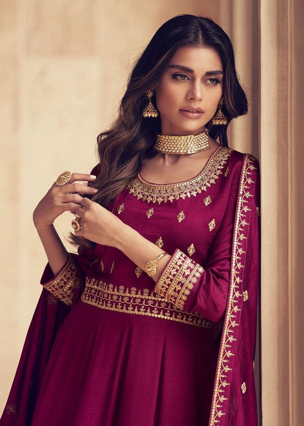 Striking Maroon Color Chinon Fabric Gown