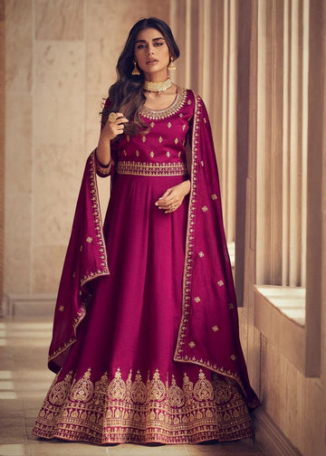 Striking Maroon Color Chinon Fabric Gown